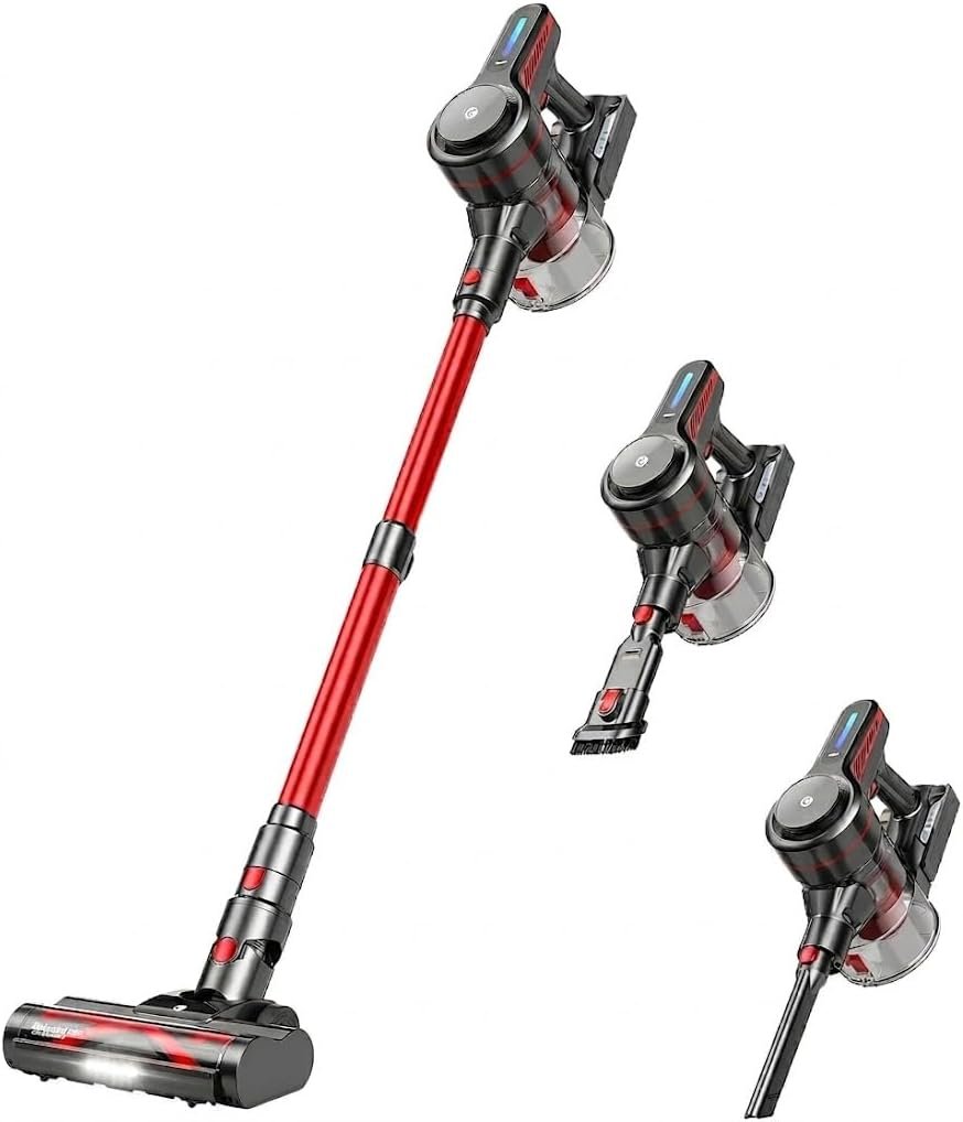 CHEBIO Lightweight Cordless Vacuum Cleaners for Home, Stick Vacuum Cordless Rechargeable with 45kPa Suction,45-Min Run,Anti-Tangle and Self-Stand, 6 in 1 Hardwood Vacuum Cleaner (red)