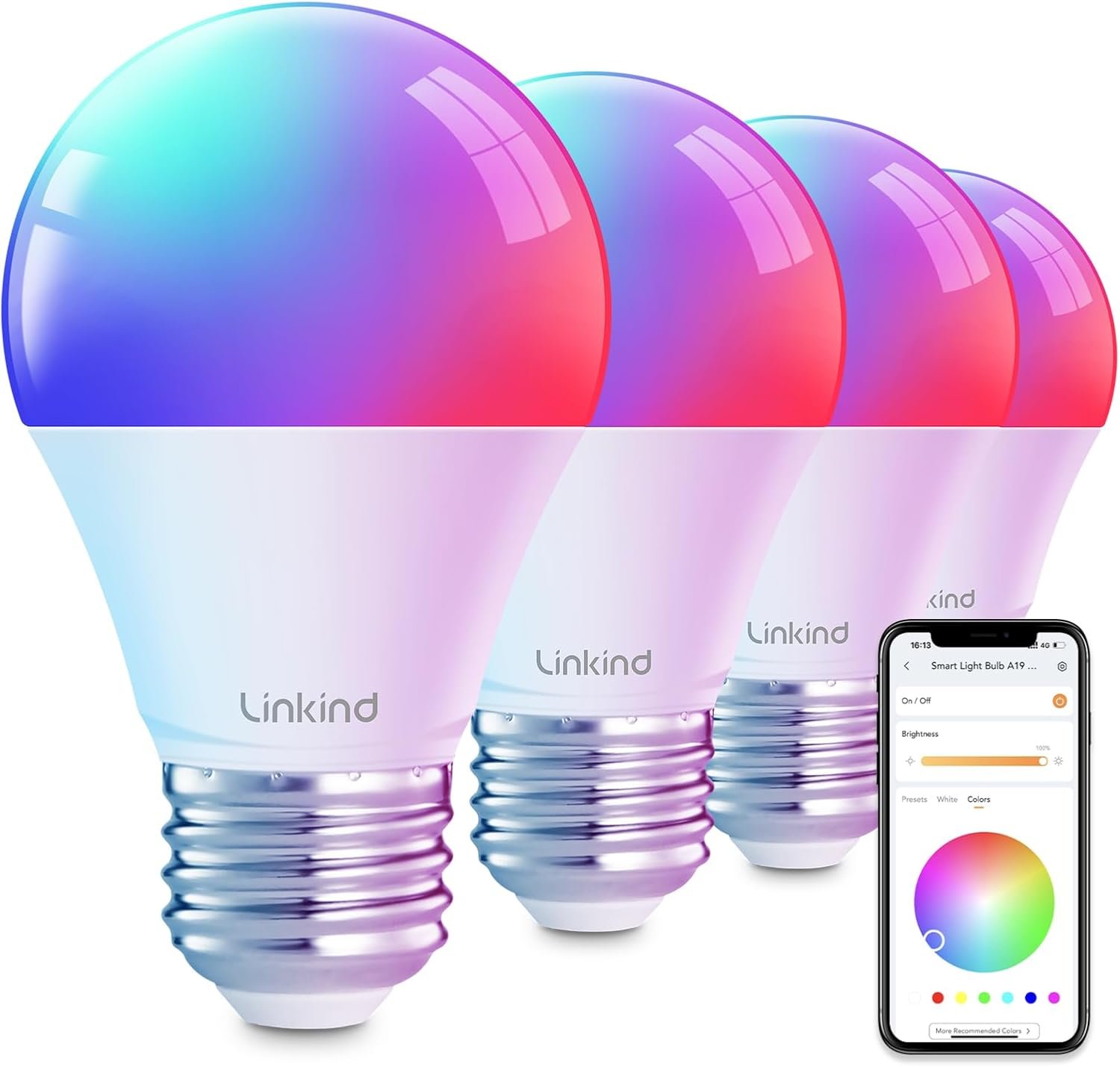 Linkind Smart Light Bulbs, Smart Bulb that Work with Alexa, Google Home, AiDot, LED Light Bulbs Color Changing RGBTW, 104 Preset Scene, Music Sync, Dotis, A19 E26 2.4G WiFi Bluetooth 60W 800LM, 4Pack