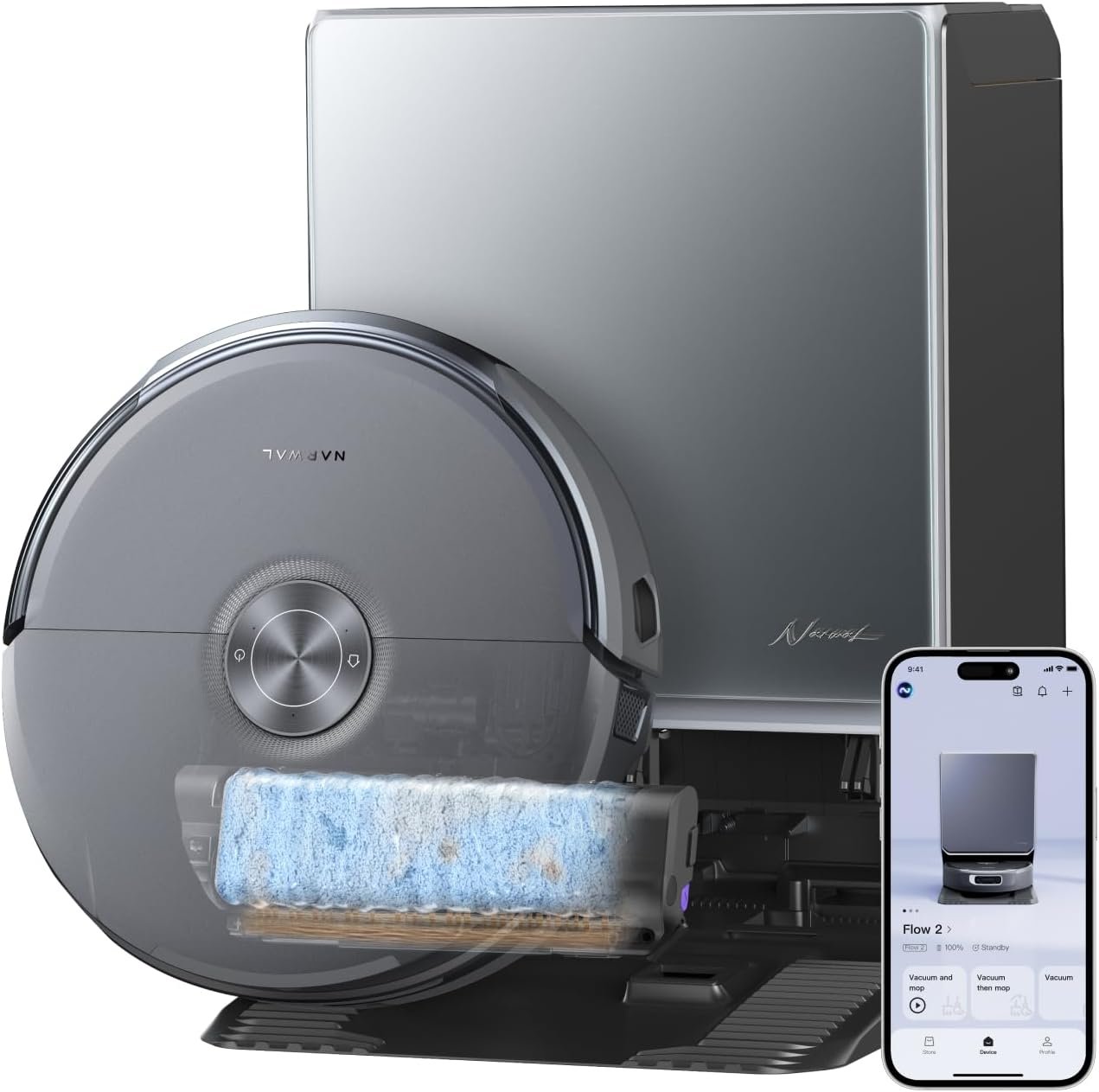 NARWAL Flow 2 Robot Vacuum and Mop Combo, 31,000Pa Suction, FlowWash Self-Cleaning Mop, AI Object Recognition, Self-Emptying & Refilling, 212℉ Hot Water Mop Washing & Drying, Tangle-Free Design