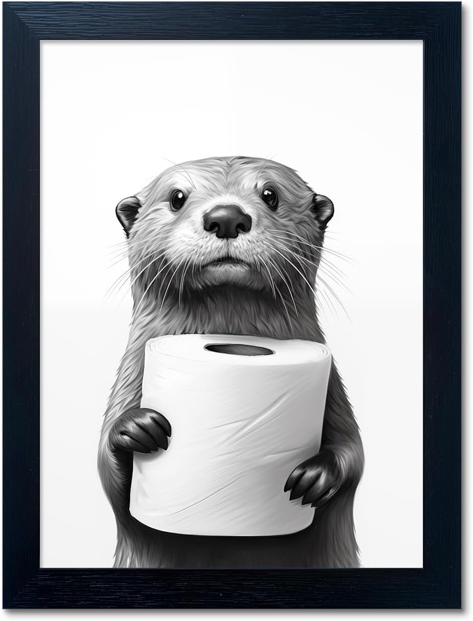 Bathroom Picture Wall Decor, Framed Black and White Bathroom Wall Art, Toilet Paper in Little Funny Raccoon’s Hand Animal Canvas Print Painting