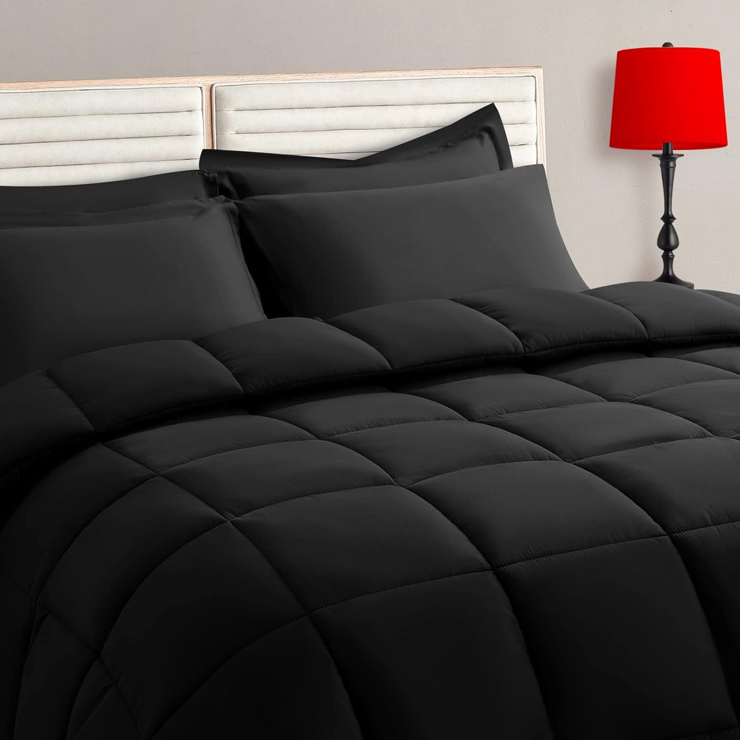 TAIMIT Queen Size Comforter Set – 7 Pieces, Bed in a Bag Bedding Sets with All Season Soft Quilted Warm Fluffy Reversible Comforter,Flat Sheet,Fitted Sheet,2 Pillow Shams,2 Pillowcases,Black