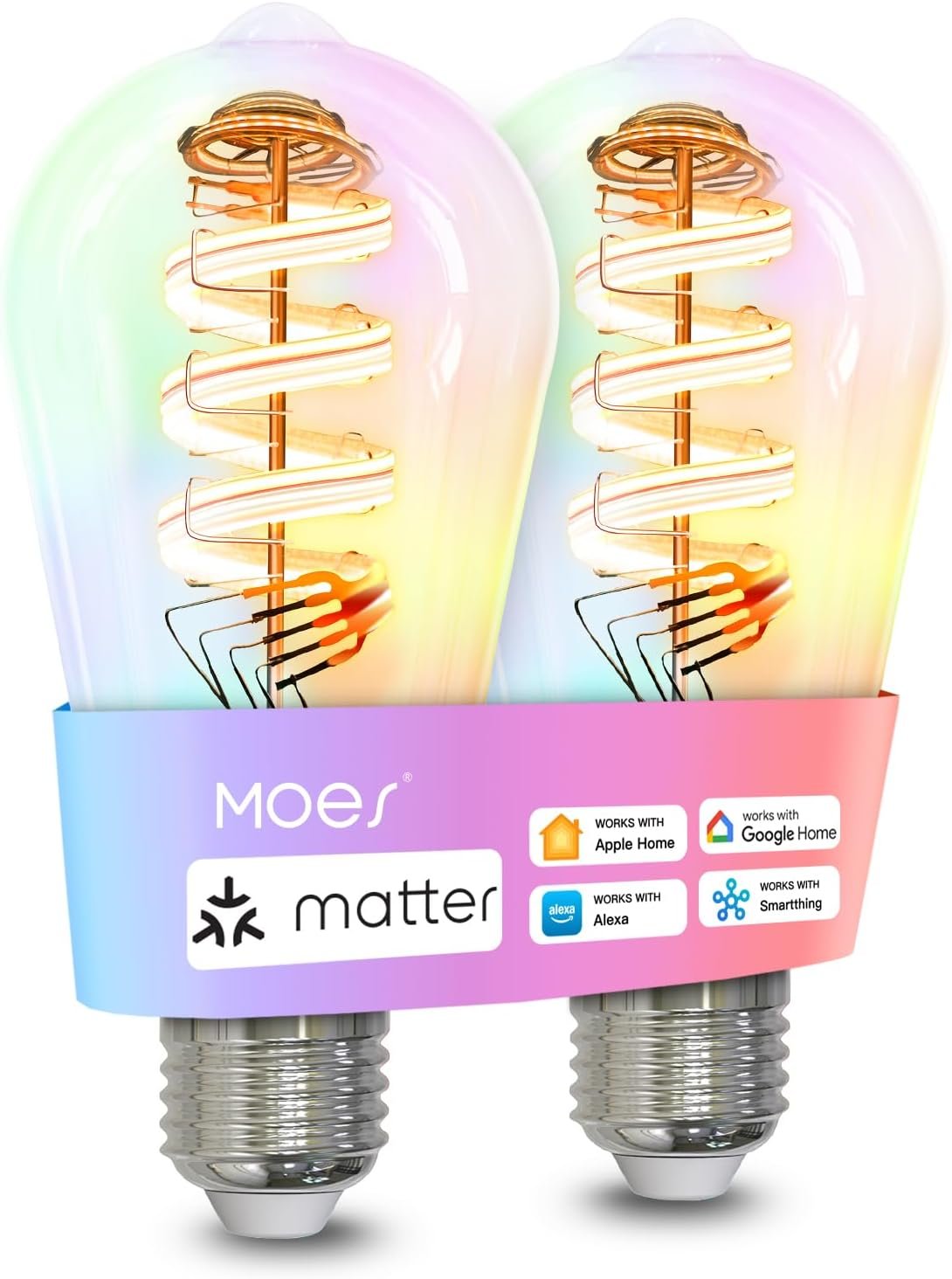 MOES Matter WiFi ST64 Edison Smart Bulbs, Color Changing Light Bulb, 16 Million RGB Colors & Tunable White, Works with Apple Home, Alexa, Google Home, E26 Dimmable 5W (40W Equivalent), 2-Pack