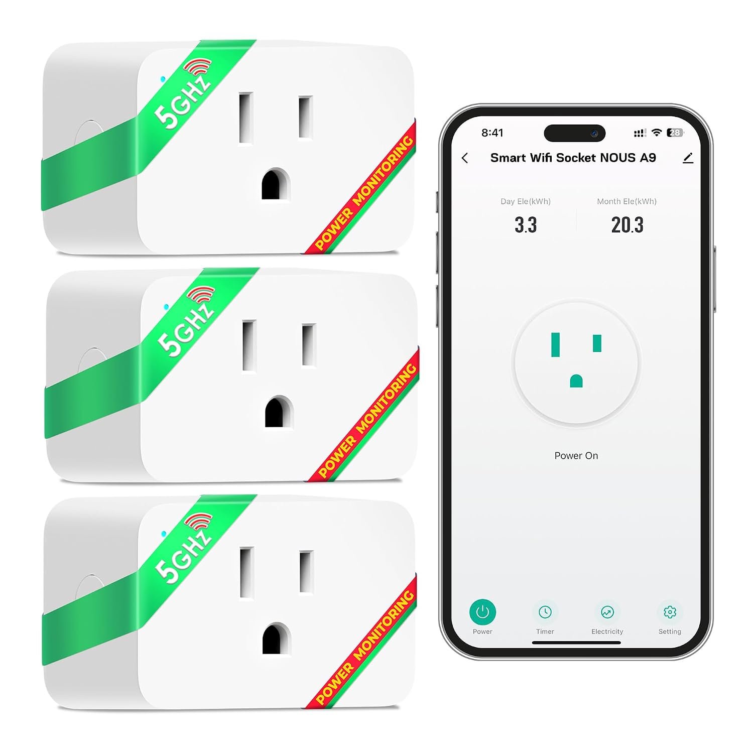 NOUS Wi-Fi Smart Plug 15A, Dual-Band 2.4GHz & 5GHz, Energy Monitoring, Compatible with Alexa, Google Home, Tuya App, Remote Control, Timer, Compact Design, Smart Outlet, 3 Pack