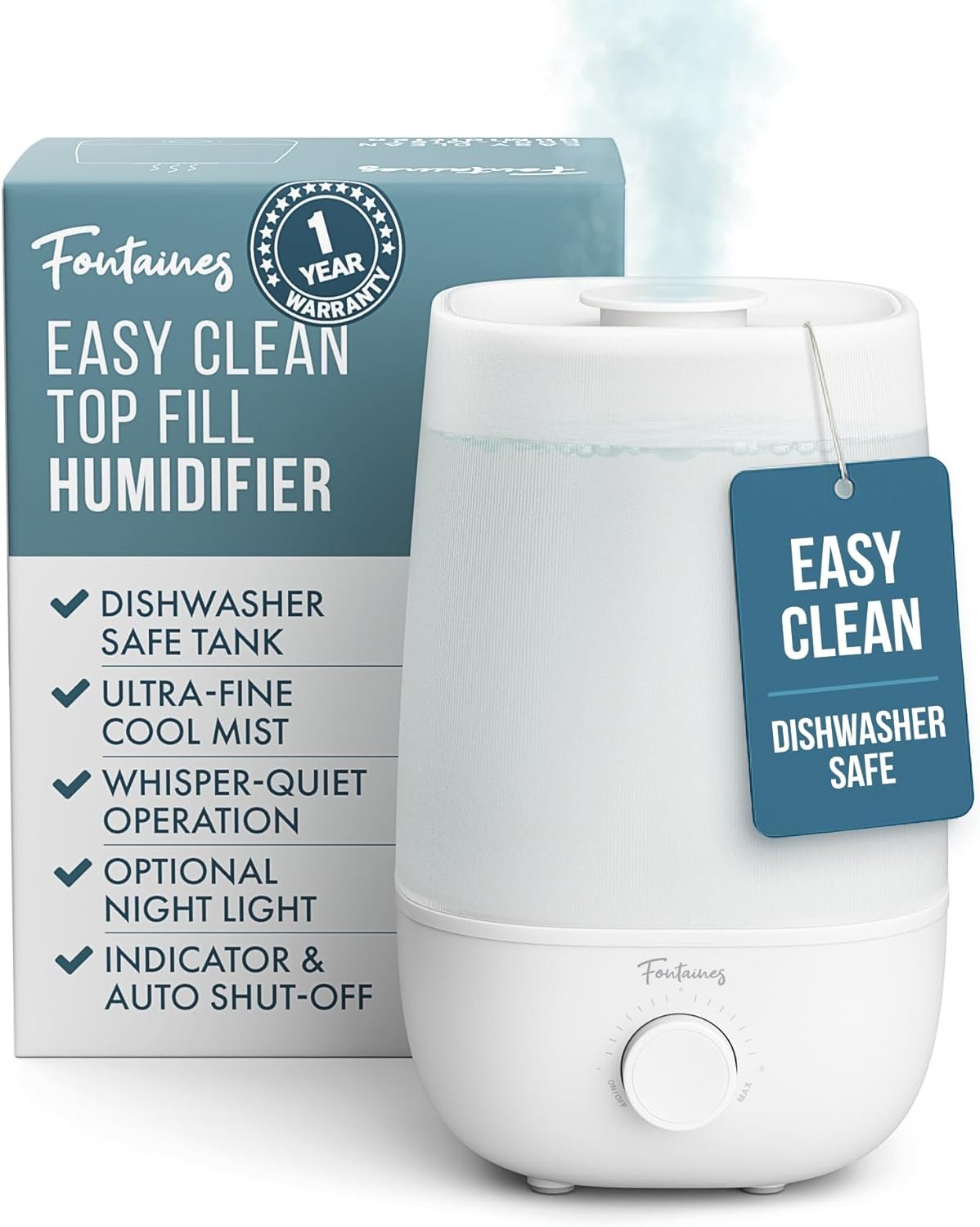 Fontaines Luxury Top-Fill Humidifiers for Bedroom, Cool Mist 360° Ultra-Fine Spray, Whisper-Quiet, Dishwasher-Safe Tank, Nightlight & Auto Shut-Off, Easy Clean Baby Nursery