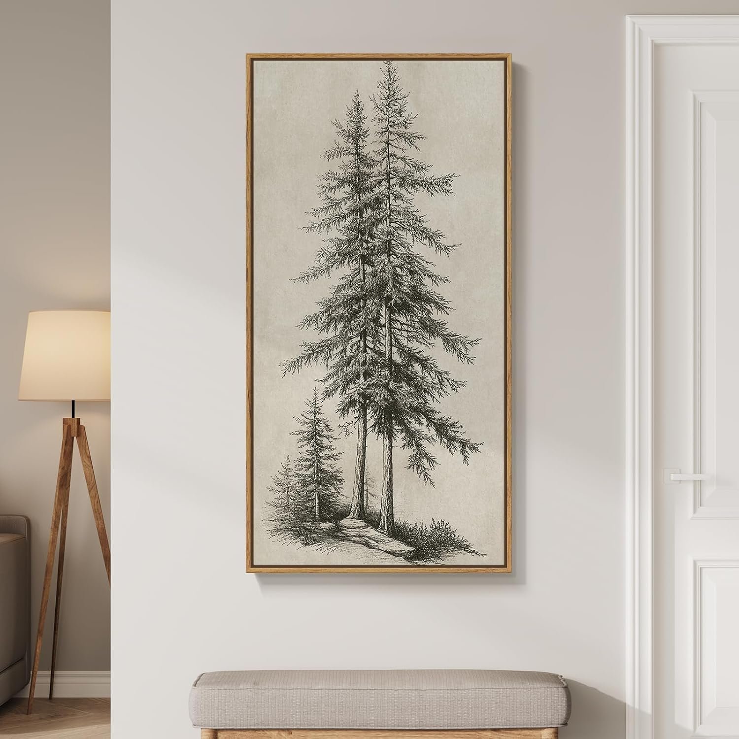 Framed Vertical Vintage Sketch Tree Living Room Wall Art, Large Black Beige Rustic Pine Artwork for Walls, Classic Antique Nature Forest Canvas Painting Print for Office Kitchen Foyer Stair 20×40 Inch