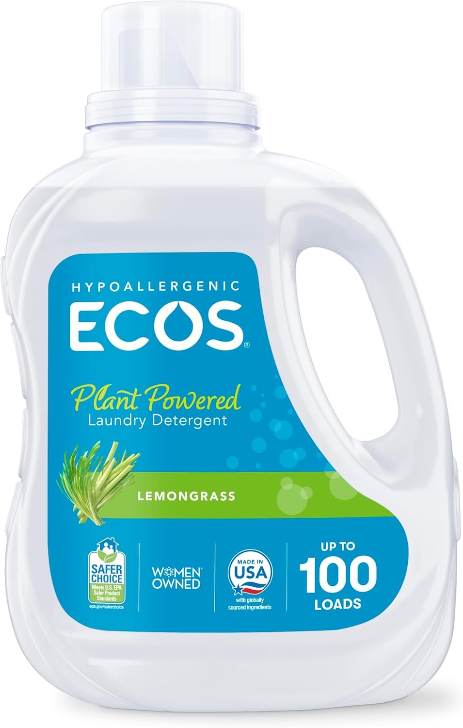 ECOS Laundry Detergent Liquid, 100 Loads – Dermatologist Tested Laundry Soap – Hypoallergenic, EPA Safer Choice Certified, Plant-Powered – Lemongrass, 100 Fl Oz