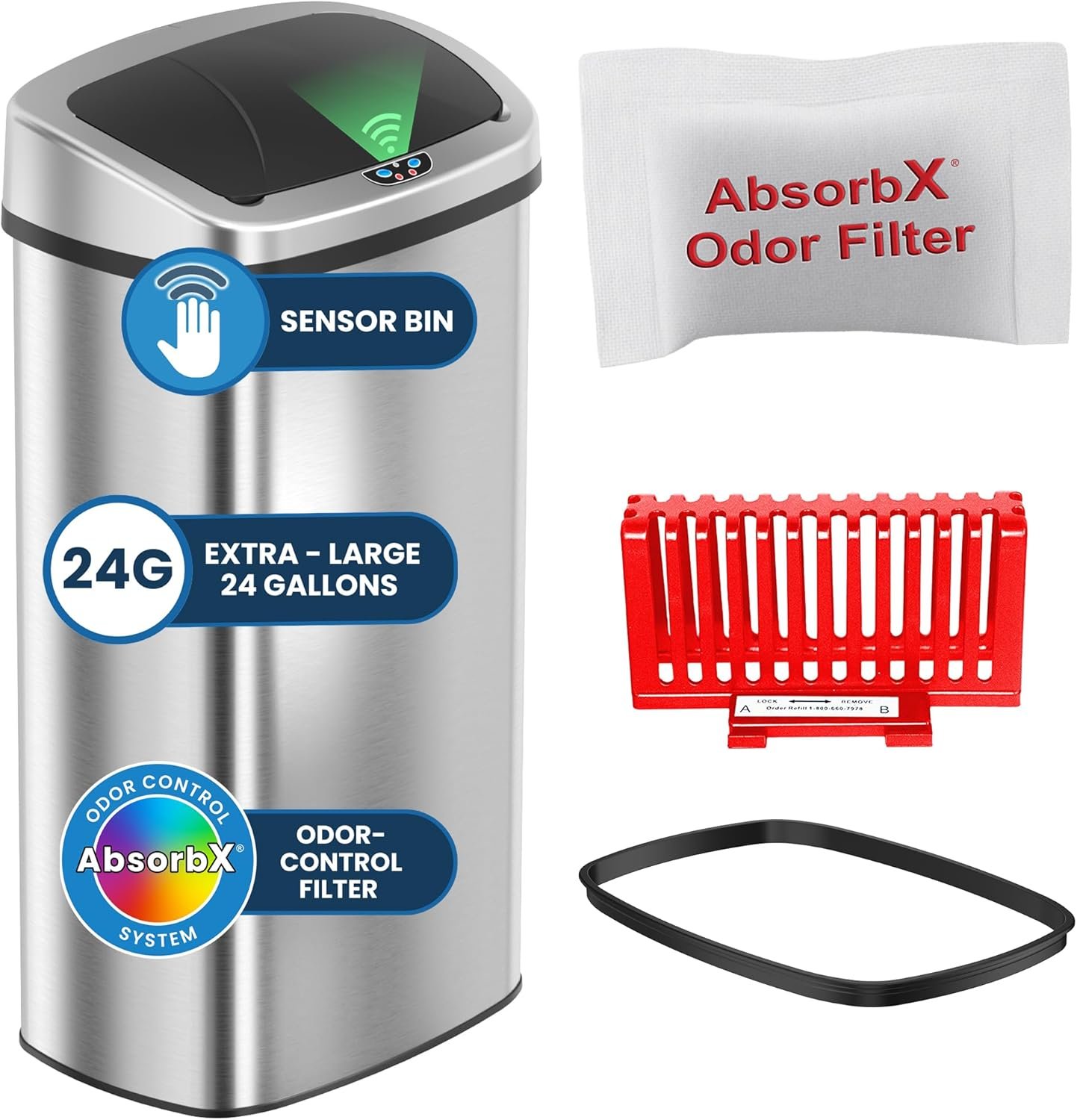 iTouchless Patented 24 Gallon Motion Sensor Trash Can with AbsorbX Odor Filter, Extra-Large 91L Stainless Steel Commercial Kitchen Garbage Bin, Fits Standard XL Bags, Long Battery Life