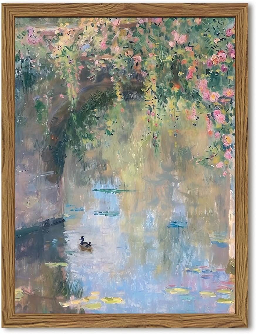 Framed Vintage Monet Canvas Wall Art, Floral Landscape Wall Decor Paintings, Country Nature Pictures Prints Aesthetic Home Decor for Living Room Bedroom Bathroom 12×16 inch