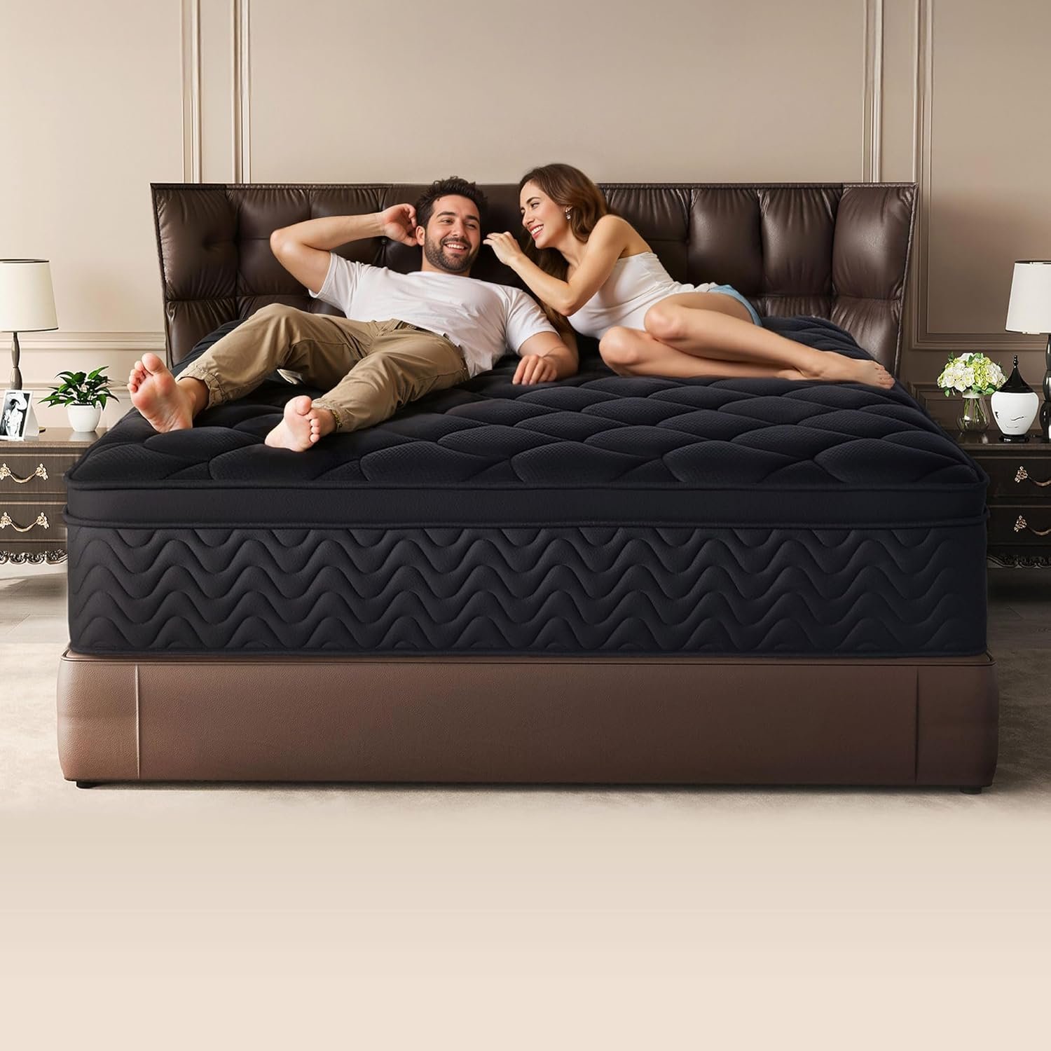 Premium 14 Inch Queen Mattress – Black Diamond Quilted Cover, Individual Pocket Springs & Memory Foam Top, Cooling Comfort & Pressure Relief, Bed-in-a-Box，60”Wx80”L