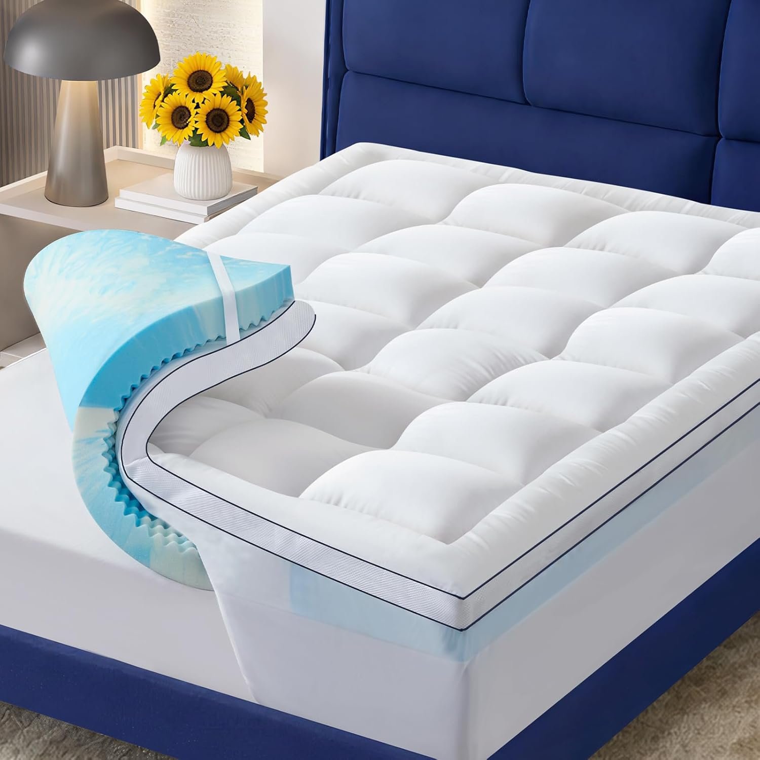 Dual Layer 4 Inch Memory Foam Mattress Topper Queen, 2 Inch Cooling Gel Memory Foam and 2 Inch Soft Pillow Top Mattress Pad Cover for Back Pain Relief, with Elastic 21″ Deep Pocket