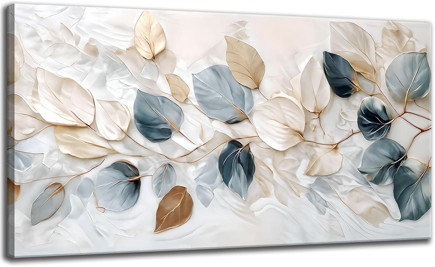 Large Living Eucalyptus Leaf Canvas Wall Art Teal White Botanical Abstract Decor painting Pictures Modern Nordic Plant Flowers Posters Prints for Bathroom Bedroom Office Hallway Home Decoration