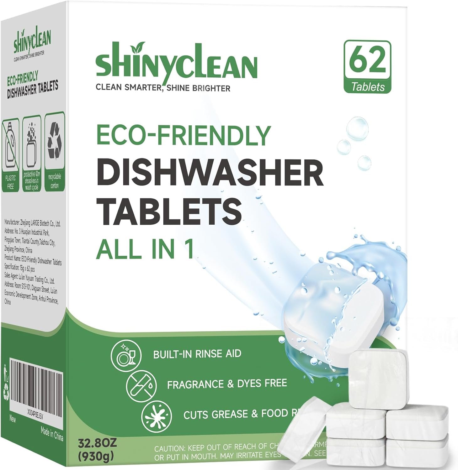 All-in-1 Dishwasher Tablets with Built-in Rinse Aid, 62 Count | Enzyme-powered, fragrance & dye free, plant-based, phosphate-free, septic safe, hard water compatible, dissolvable film