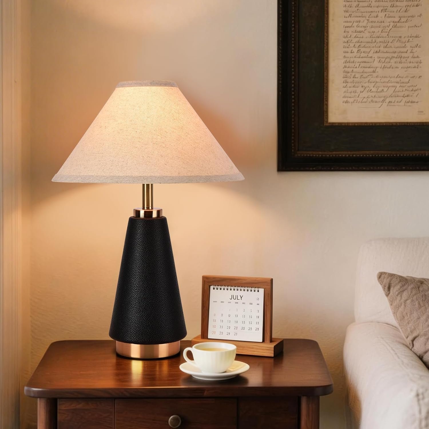 18.11 Inch Black Modern Table Lamp, Beige Fabric Shade with PU Leather Base, Home Decor Lamp for Kitchen Counter, Bedroom, Nightstand, Desk Lighting, Bookshelf, Living Room, Kids Dorm