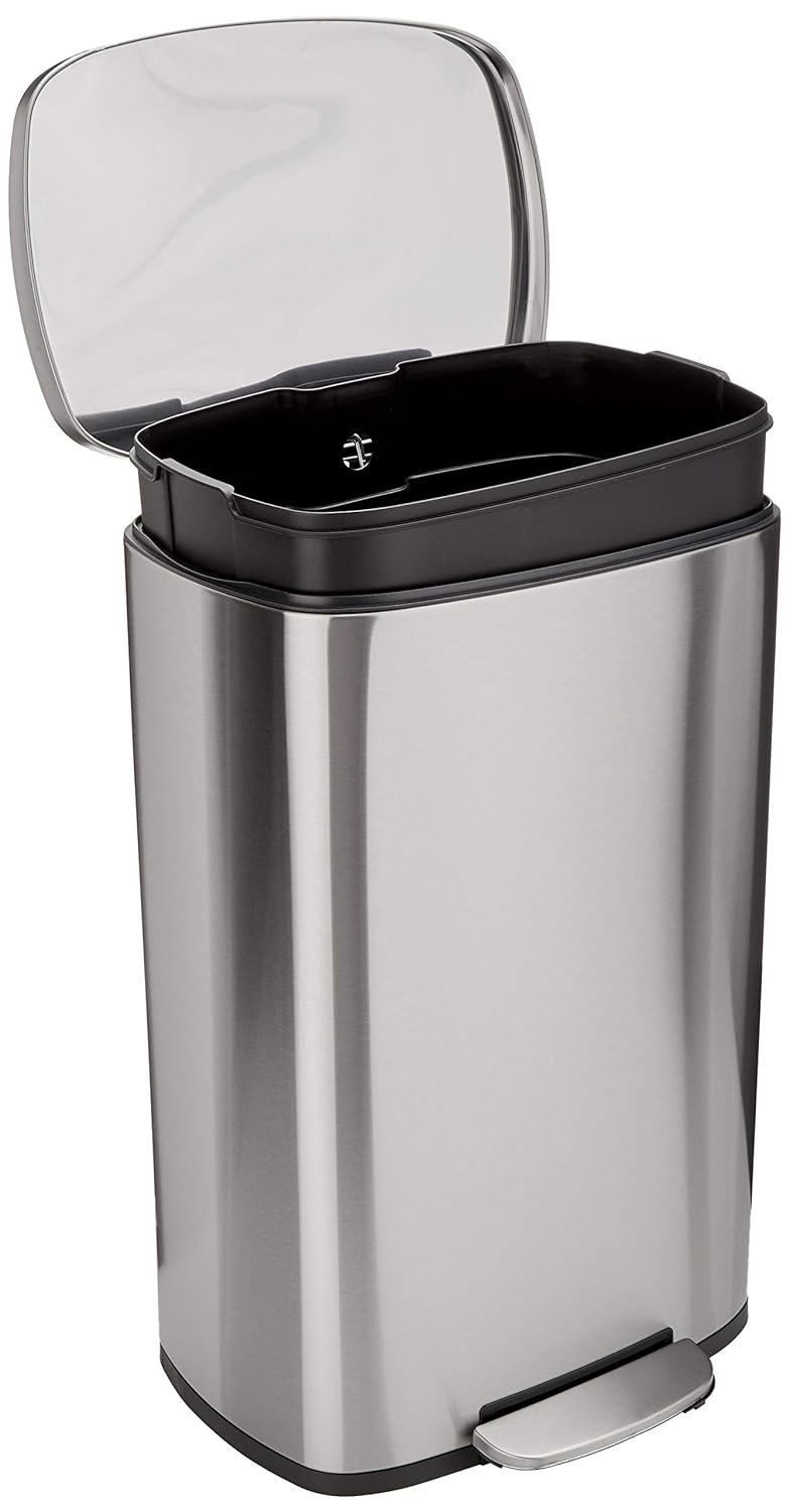 Amazon Basics LARGE Trash Can, 13.2 Gallon (50L), Smudge Resistant Rectangular Bin with Soft-Close Lid, Step Foot Pedal, Removable Inner Bucket, Brushed Stainless Steel, Satin Nickel Finish