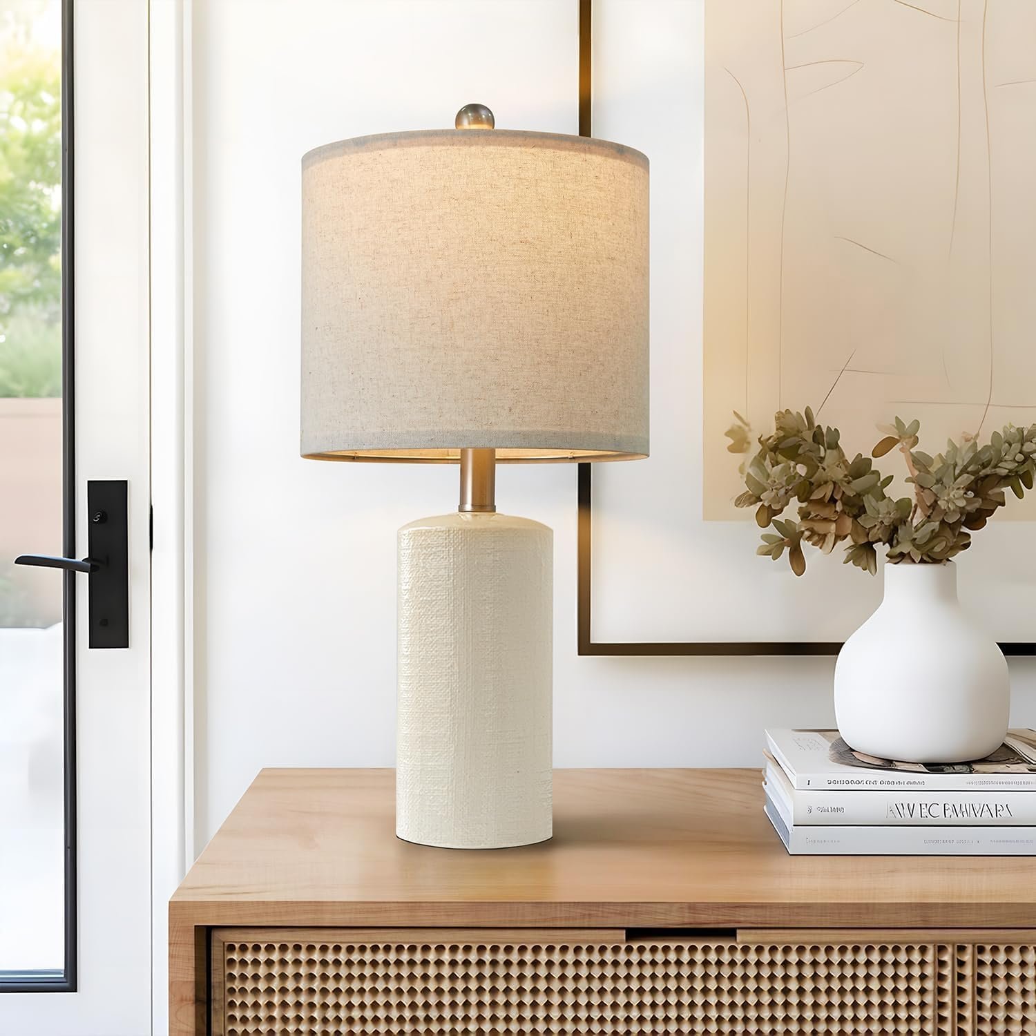 G-SAFAVA 20.25″ Small Single Table Lamp for Bedroom Modern Ceramic Nightstand Lamp Farmhouse Bedside Lamp Boho Living Room Lamp White End Side Table Lamp