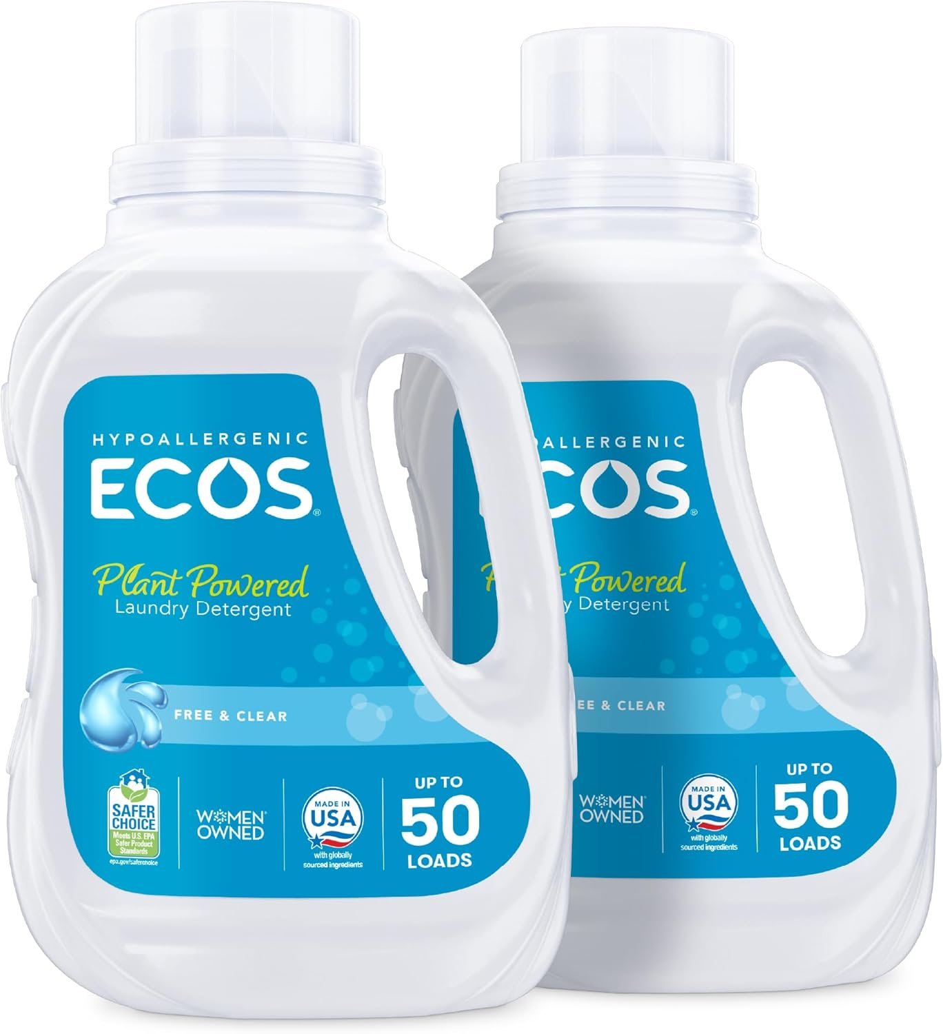 ECOS Laundry Detergent Liquid, 100 Loads – Dermatologist Tested Laundry Soap – Hypoallergenic, EPA Safer Choice Certified, Plant-Powered – Free & Clear, 50 Fl Oz (Pack of 2)