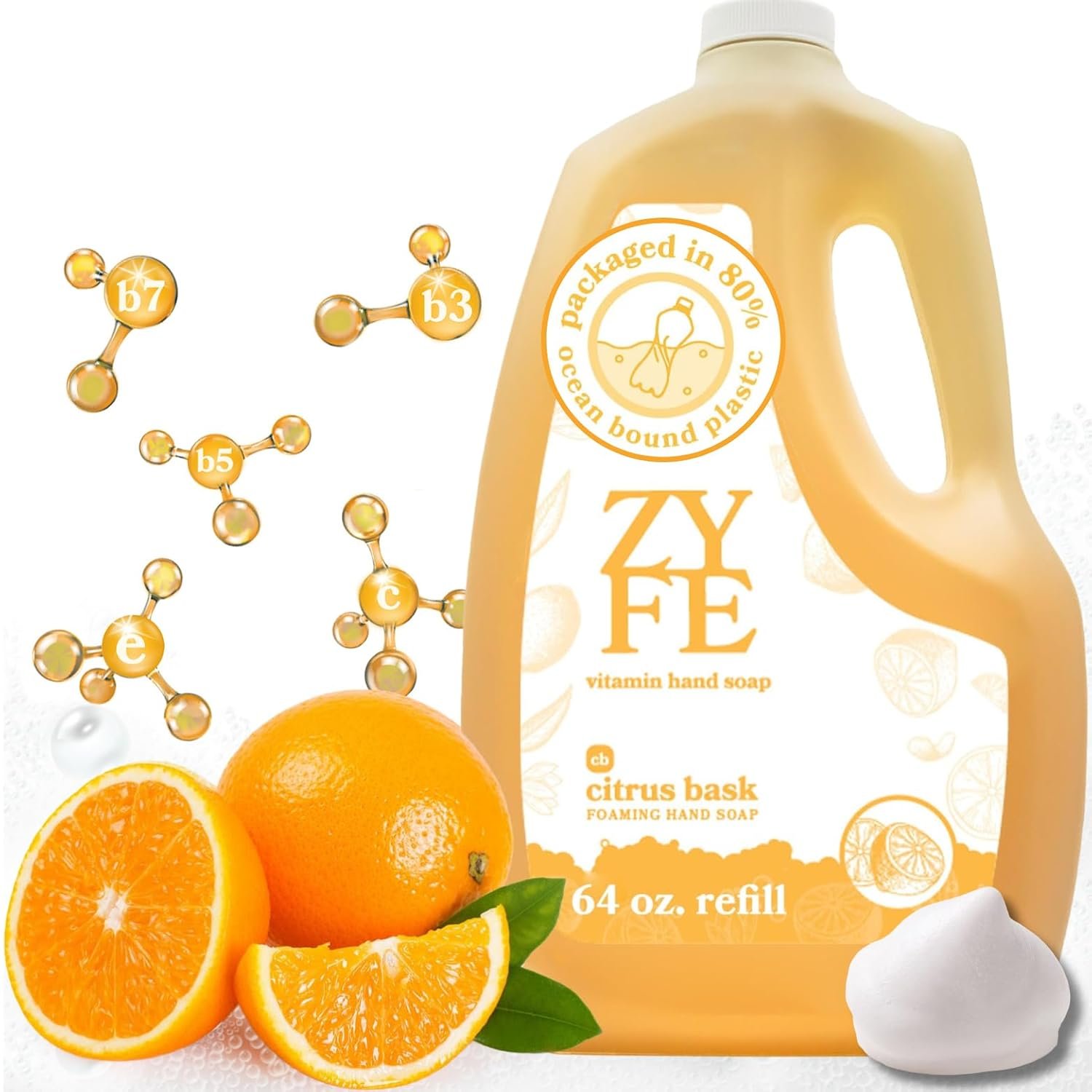 Foaming Hand Soap Refills, Half Gallon Hand Soap Foam Refill with Essential Oil Fragrance in Recycled Bottle, Citrus Handwash Refil Biodegradable+