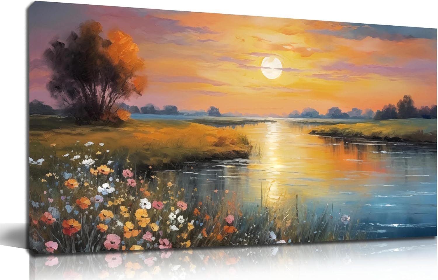 Orange Yellow Sunset Lake Landscape Canvas Wall Art with Vibrant Colorful Wildflowers & Distant Mountain, Serene Nature Scene Picture Print Painting Artwork for Living Room Bedroom Decor 40×20 Inches