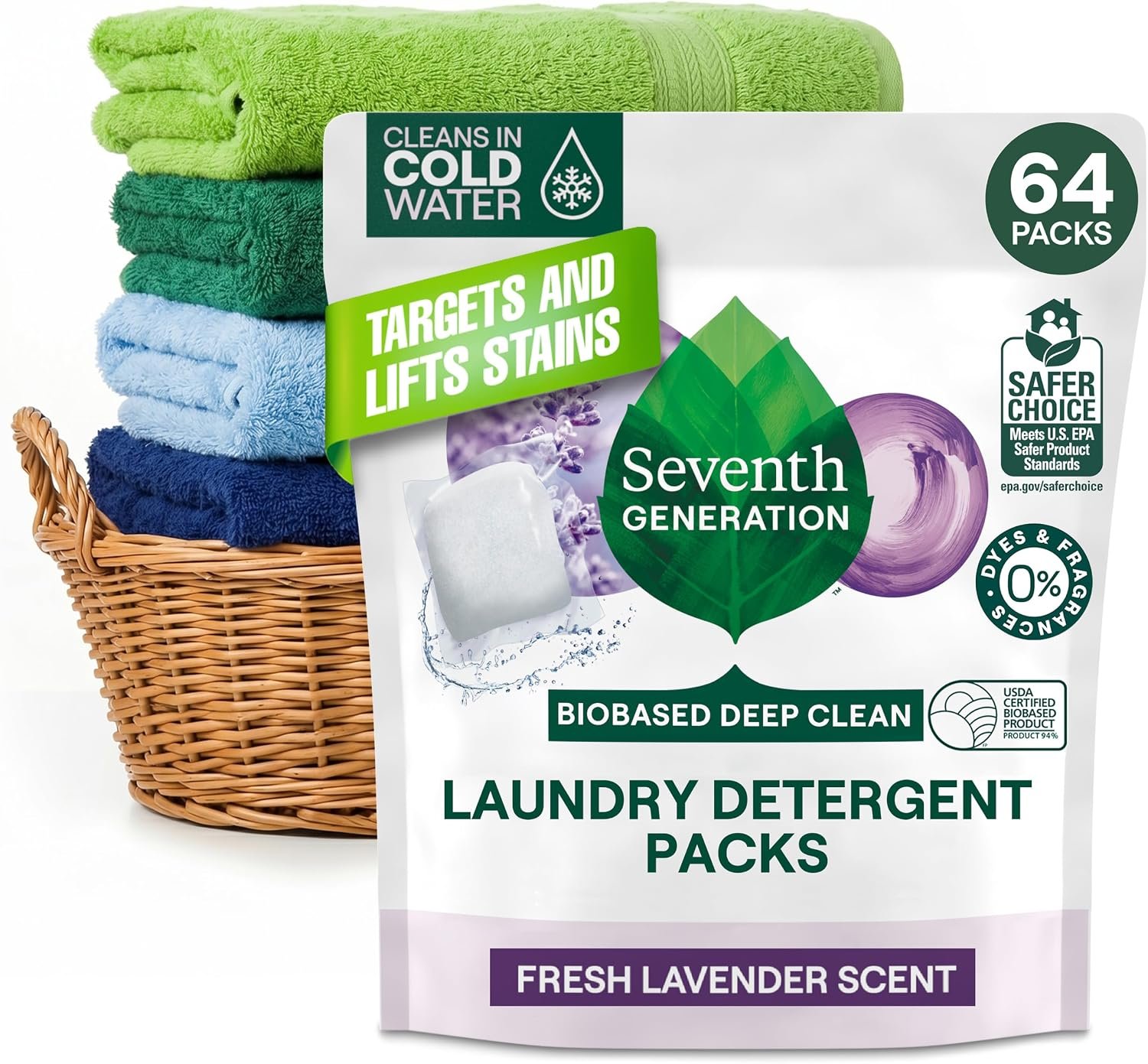 Seventh Generation Laundry Detergent Packs, Lavender, Biobased Deep Clean, EPA Safer Choice Certified, 64 Count