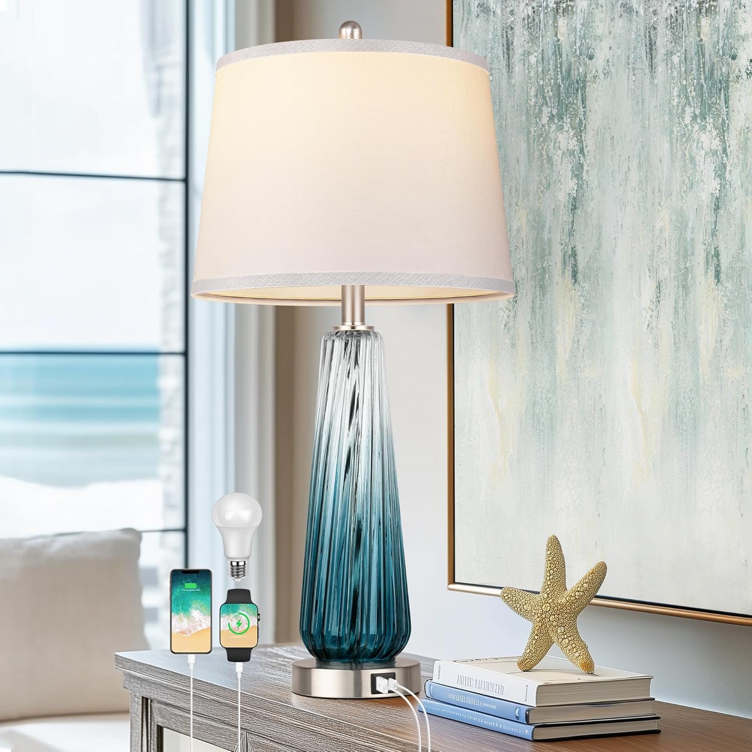 Glass Table Lamps for Living Room, Modern Bedside Lamps with USB A+C Ports, 3-Way Dimmable Touch Control Nightstand Lamp with White Linen Shade, 27.5″ Large Lamps for Bedrooms Decor, Teal, 1 Pack