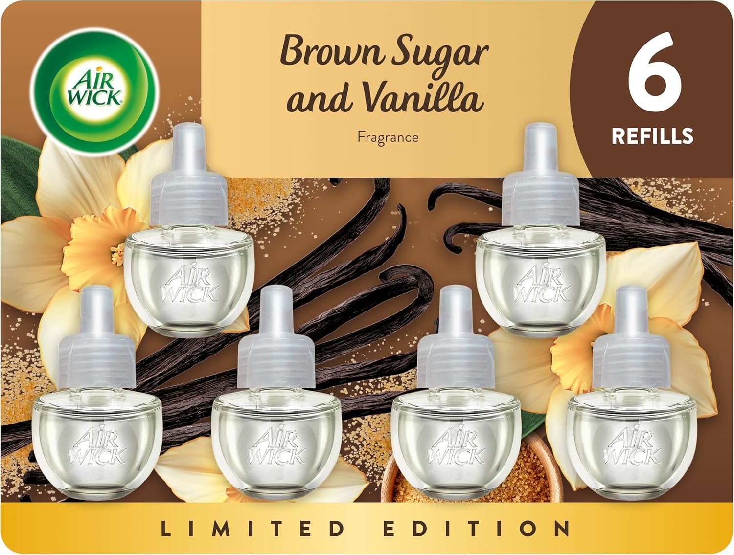Air Wick Plug-In Scented Oil Refills, 6 Count, Brown Sugar and Vanilla, Air Freshener, Essential Oils
