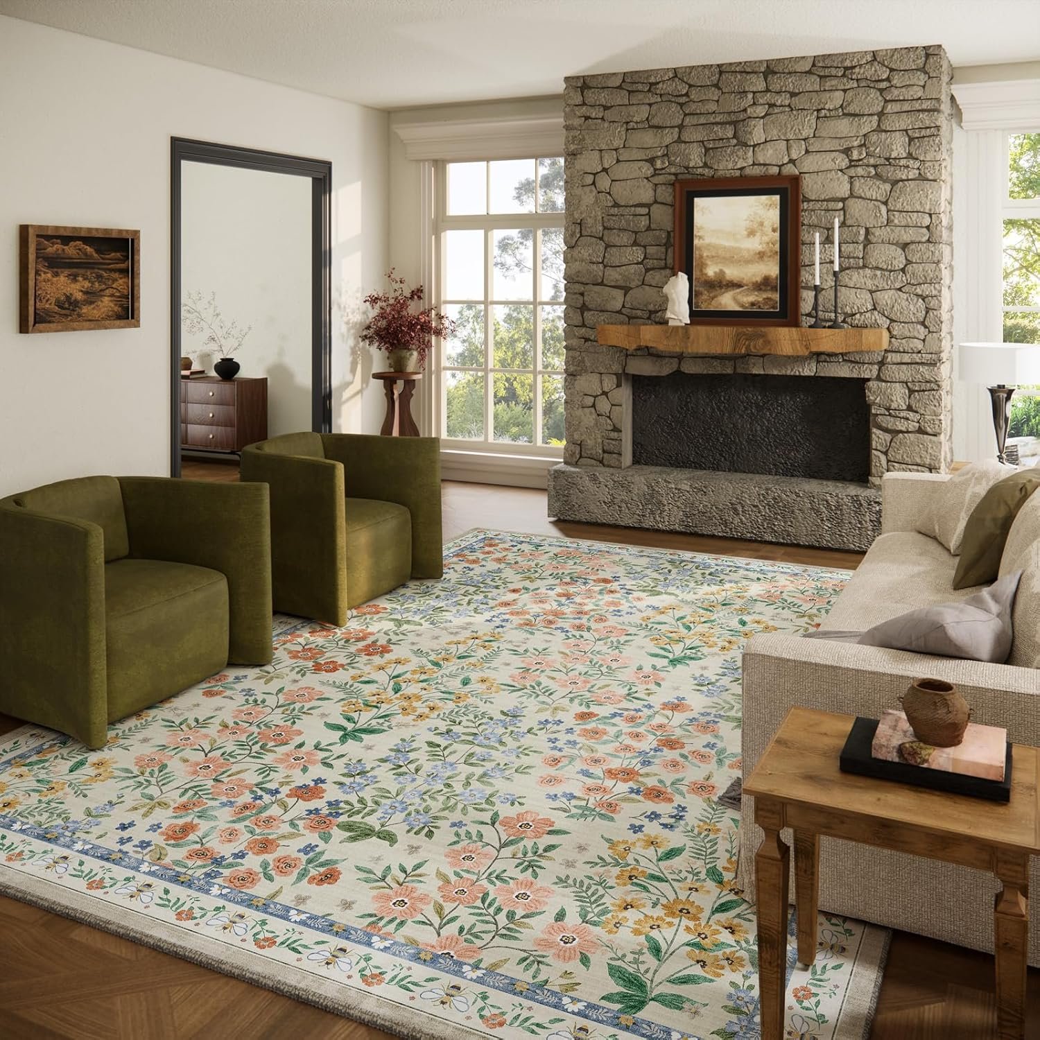 Machine Washable Rugs for Living Room: 8×10 Area Rugs for Bedroom Vintage Stain Resistant Non Slip Low Pile Lightweight Soft Carpet for Kitchen Dining Room Farmhouse Kids Room Nursery Playroom