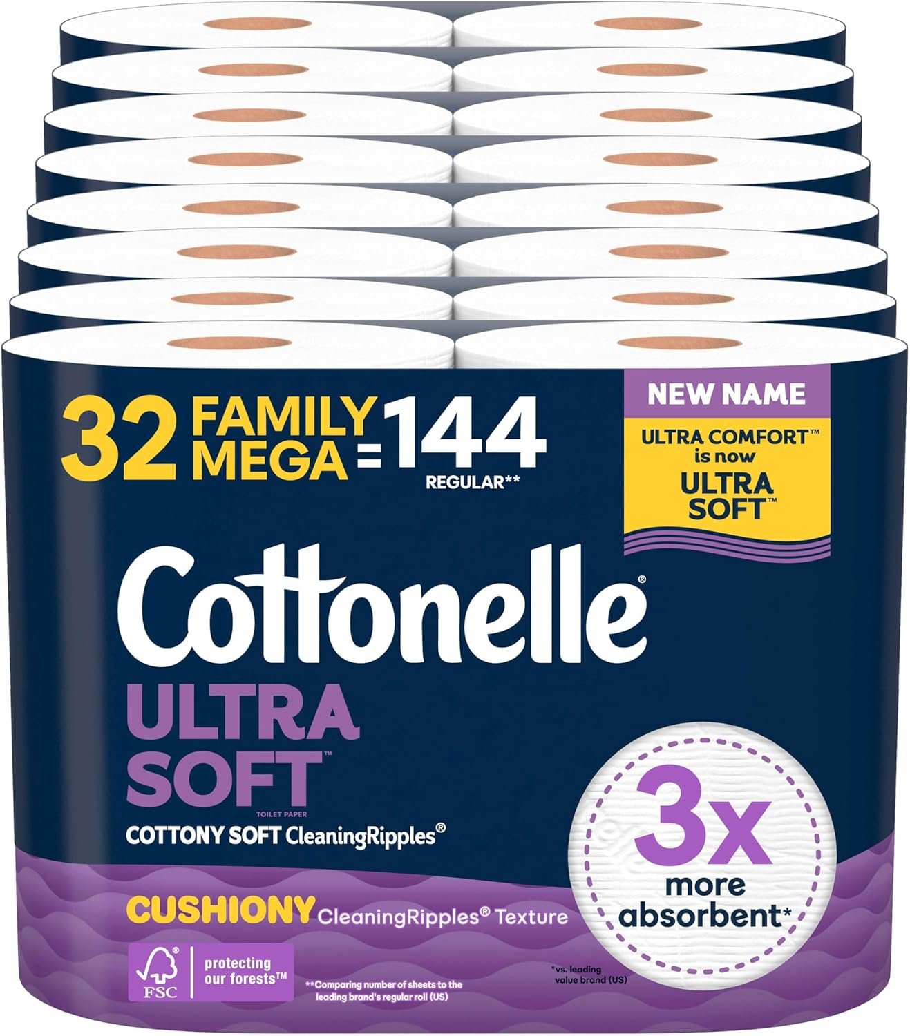 Cottonelle Ultra Soft Toilet Paper with Cushiony CleaningRipples Texture, 32 Family Mega Rolls = 144 Regular Rolls (8 Packs of 4)