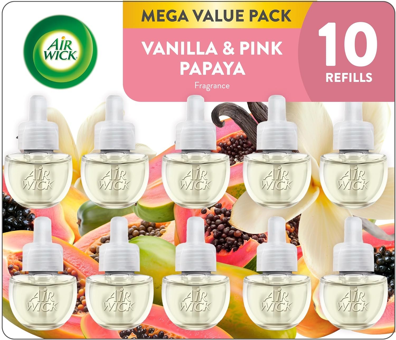 Air Wick Plug-In Scented Oil Refills, 10 Count, Vanilla and Pink Papaya, Air Freshener, Essential Oils, Eco Friendly