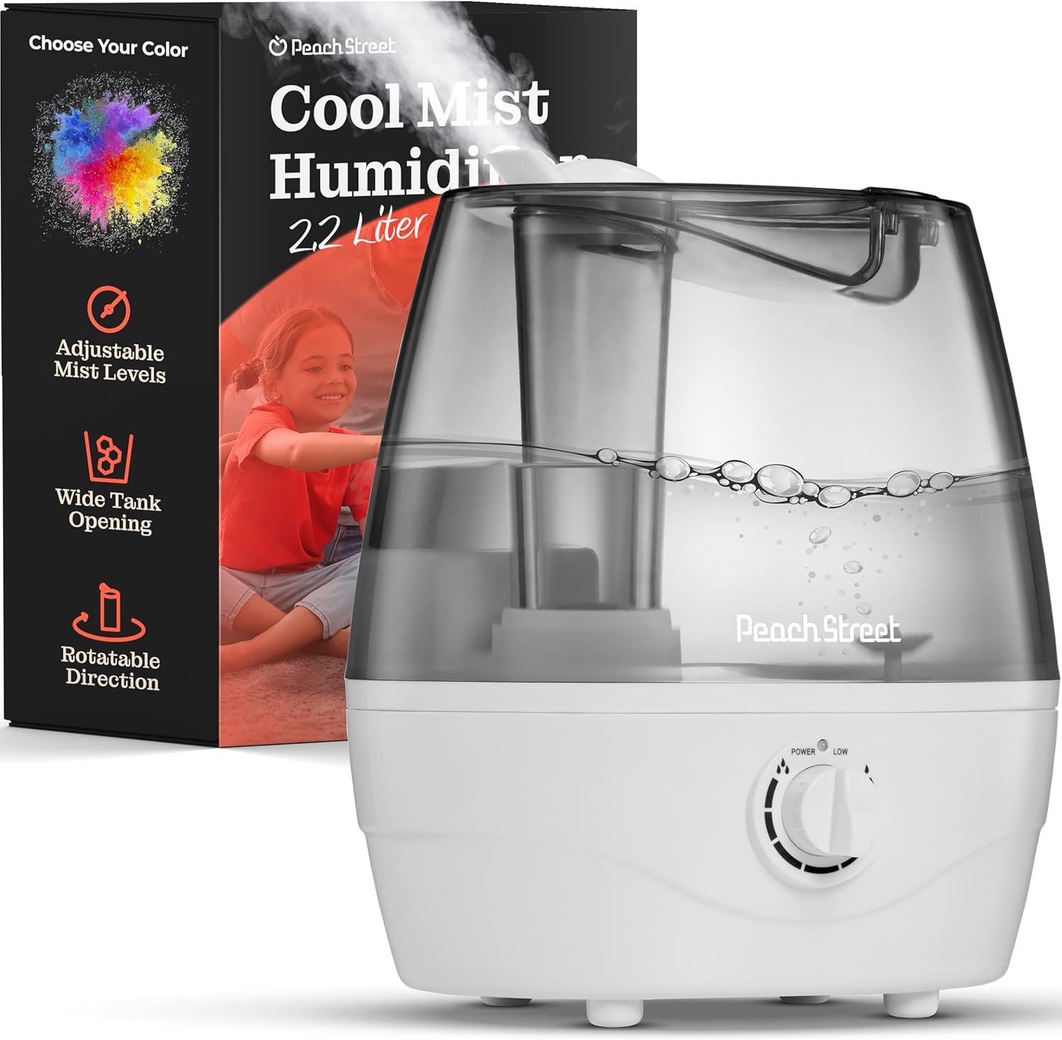 Cool Mist Humidifier – 2.2L Water Tank, for Bedroom, Baby, Quiet Ultrasonic Air Vaporizer, Adjustable Mist Level, 360 Nozzle Rotation, Auto-Shut Off, Large Area Humidifiers Easy Fill and Clean (Grey)