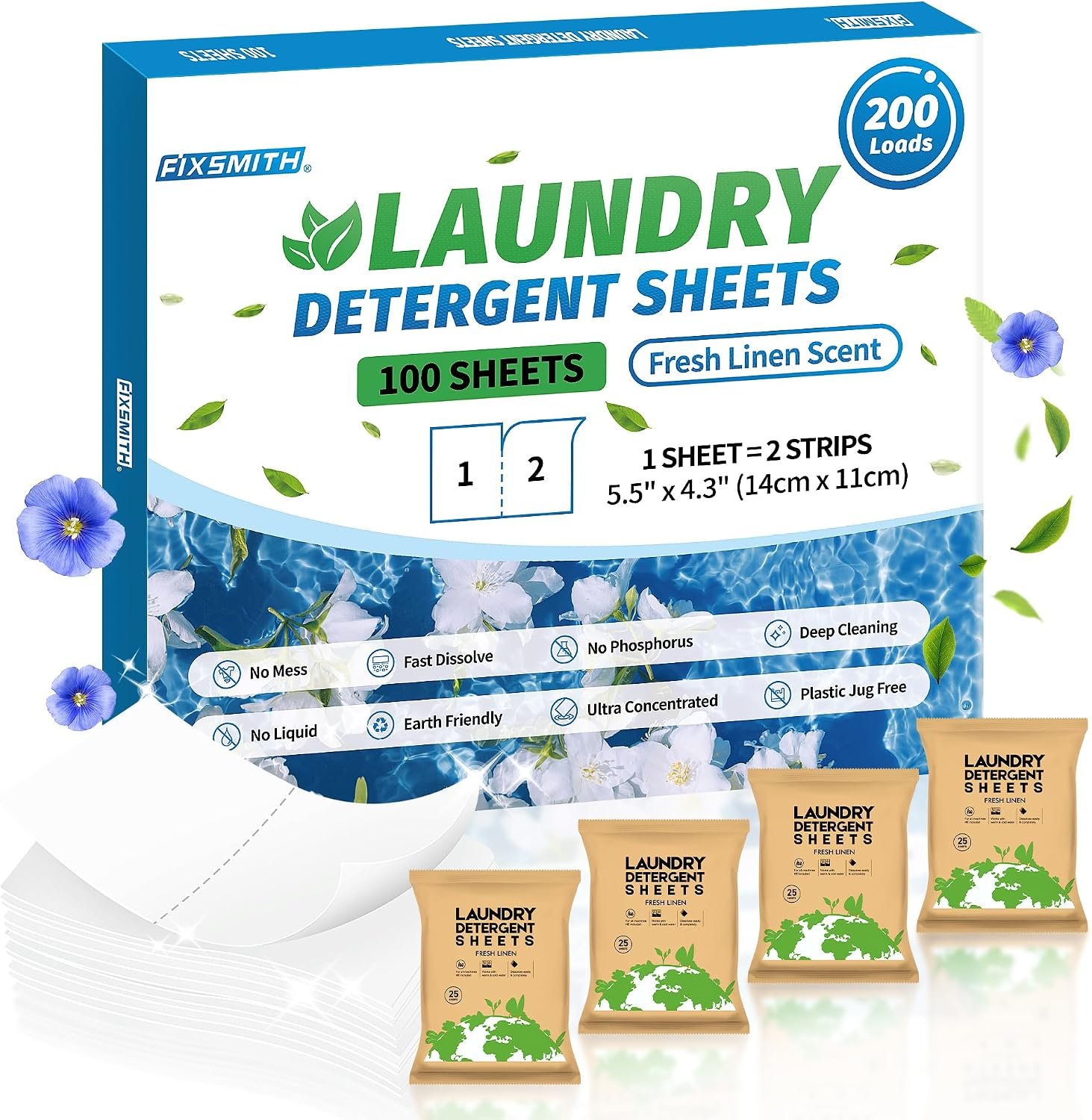 FIXSMITH Laundry Detergent Sheets – 200 Loads (100 Sheets) Fresh Linen Scent – Hypoallergenic,Eco Friendly Laundry Detergent Strips Ultra-Concentrated Travel Detergent Sheets.Plastic-Free,Liquidless