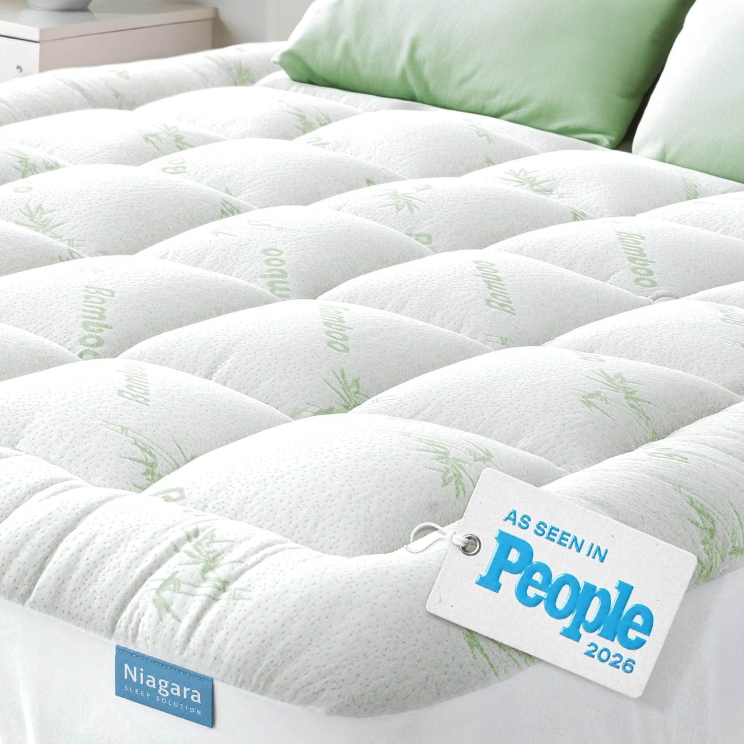 Niagara Sleep Solution Ultra Soft Queen Size Mattress Topper – Rayon Derived from Bamboo Pillow Top Mattress Pad for Back Pain Relief – Naturally Cooling for Hot Sleepers, Green