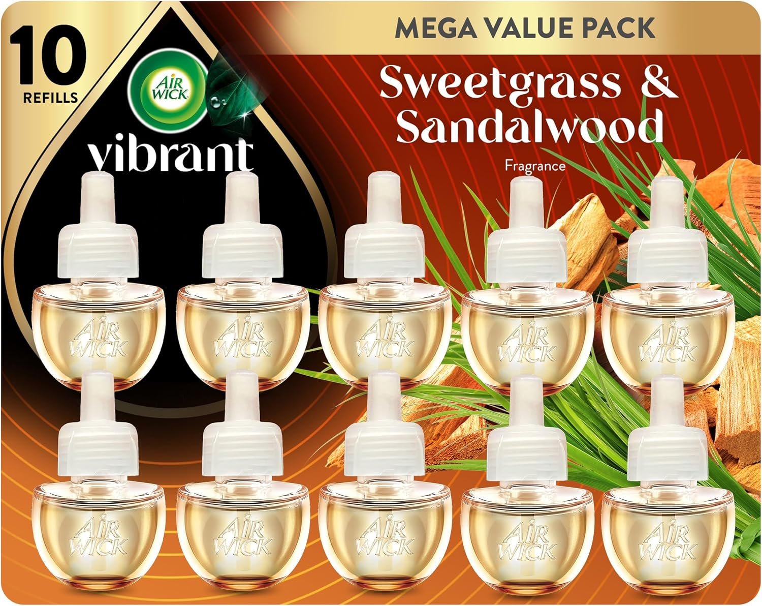 Air Wick Vibrant Plug-In Scented Oil Refills, 10 Count, Sweetgrass & Sandalwood, Air Freshener, Essential Oils, Eco Friendly