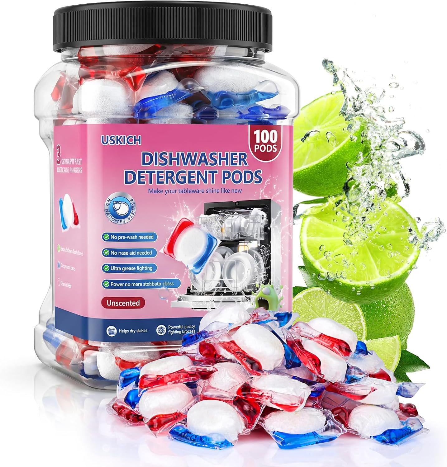 USKICH 100 Count Dishwasher Pods, No Pre-Rinse Required, Dishwasher Detergent Soap Effectively Removes Burnt-On Stains & Grease, Dishwasher Detergent Creates Sparkling Dishes & Glasses