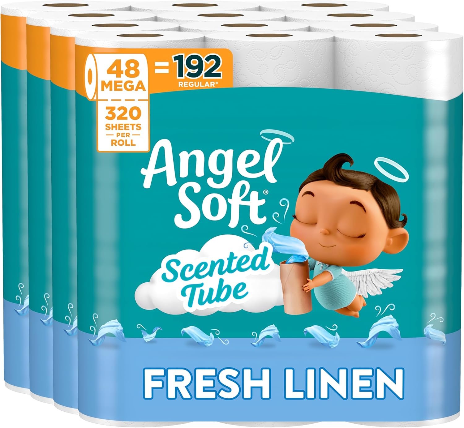 Angel Soft Toilet Paper with Fresh Linen Scented Tube, 48 Mega Rolls = 192 Regular Rolls, Soft and Strong Toilet Tissue