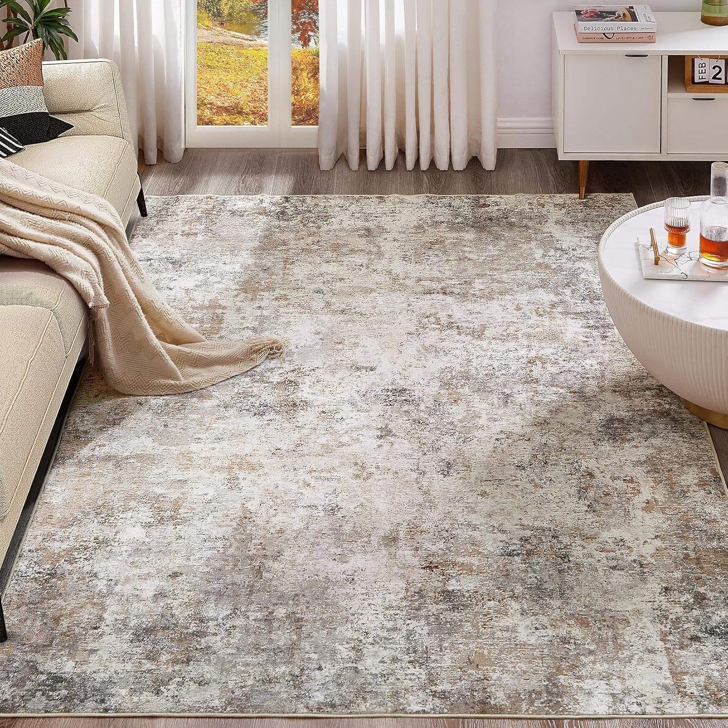 UERMEI 8×10 Area Rug Living Room Rugs – Washable Neutral Modern Abstract Soft Thin Large Rug Indoor Floor Non Slip Rug Carpet for Bedroom Under Dining Table Home Office Decor – Brown Grey