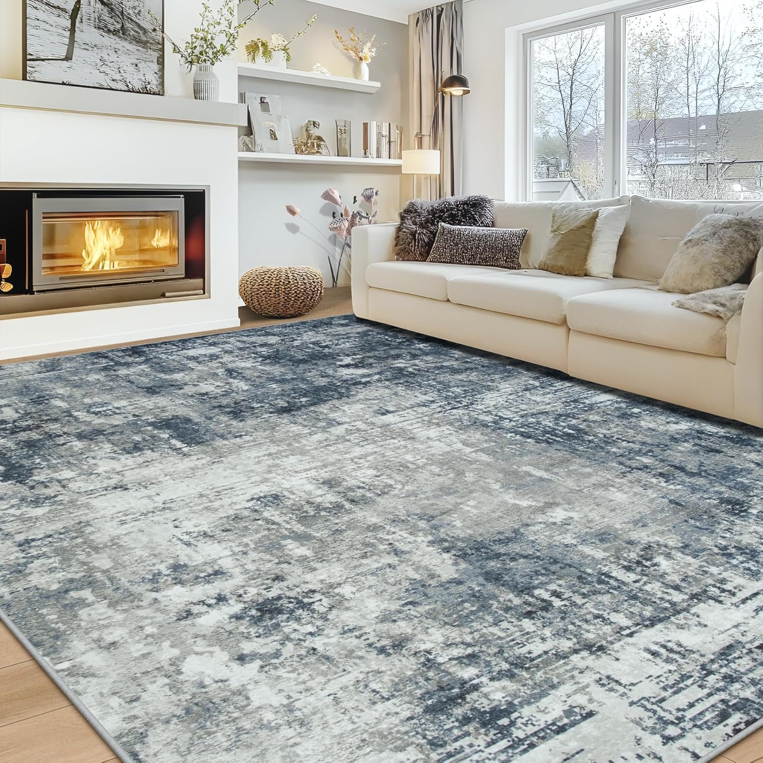 8×10 Area Rugs for Living Room Rug Washable: Modern Large Rug for Dining Room Bedroom Carpet Non Slip 8 by 10 Indoor Abstract Nursery Home Office Blue Grey