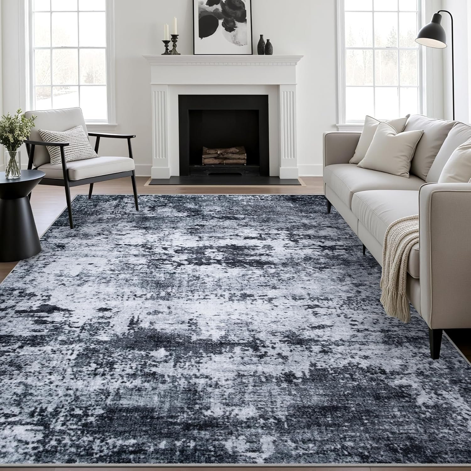 8×10 Area Rug Living Room Rug: Washable Modern Abstract Soft Thin Rug Indoor Floor No Slip Stain Resistant Carpet for Bedroom Dining Room Farmhouse Nursery Home Office – Black