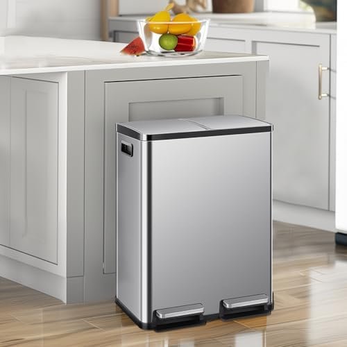 NEWBULIG 2×8-Gallon Trash Can, Stainless Steel Garbage Can with Lid, Dual Removable Buckets, Soft-Close Foot Pedal, Fingerprint-Proof for Kitchen and Home