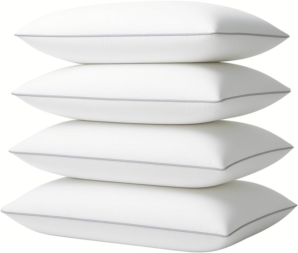 4 Pack Queen Size Bed Pillows for Sleeping – Soft & Supportive Down Alternative Pillows with Gray Piping, Easy to Wash, Hypoallergenic Sleeping Pillows for Side and Back Sleepers