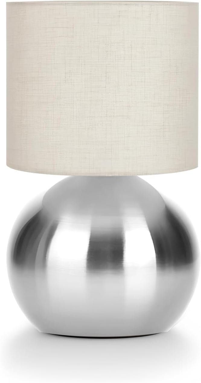 Modern Silvery Small Table Lamp with Cotton Linen Shade, 6.2×6.2×10.4 inch LED Desk Light, One-Button Switch for Bedroom, Living Room, Nightstand, Includes Warm Light Bulb