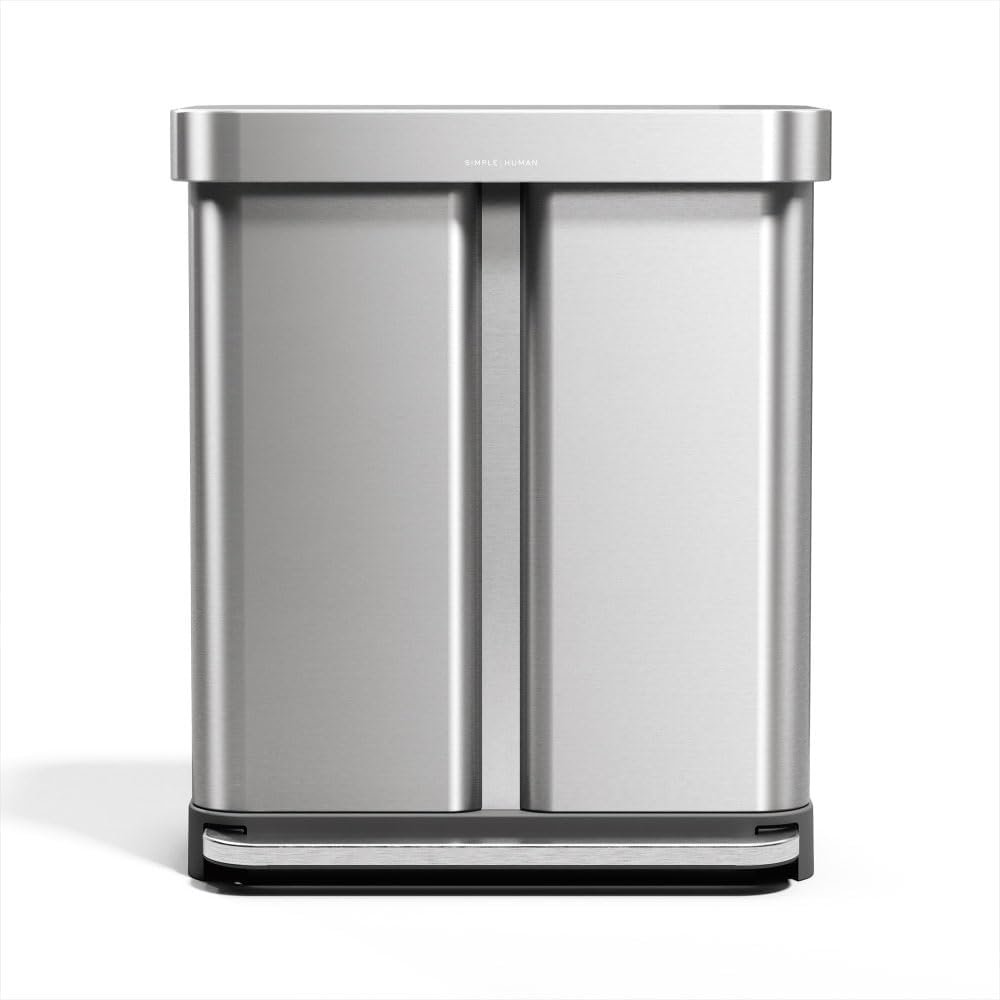 simplehuman Step Recycler, 58L / 15.3 Gallon Dual Compartment Kitchen Trash Can, 150,000-Step Pedal, Lid Shox® Technology, Liner Rim System, Liner Pocket®, Brushed Stainless Steel with Plastic Lid