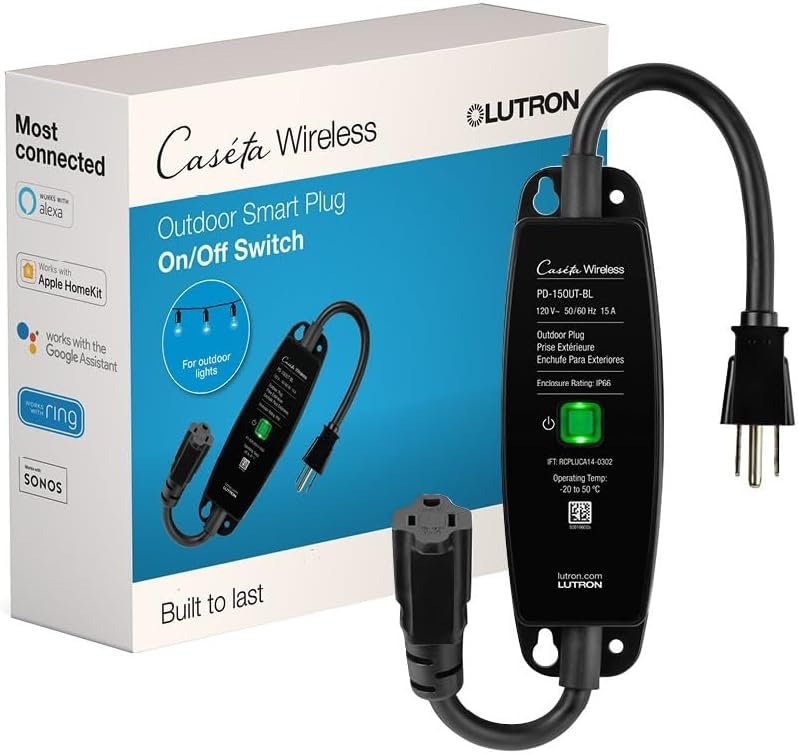 Lutron Outdoor Smart Plug for Caseta Smart Lighting, Summer Patio, Backyard Outdoor Lights & Motors, 15A LED Fixtures & 1/2 HP Motors, PD-15OUT-BL, Black