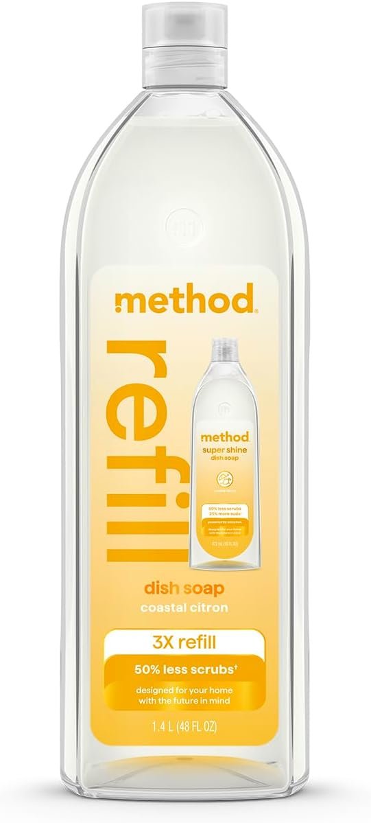 Method Super Shine Liquid Dish Soap Refill, Powered by Enzymes, Coastal Citron Scented, 48 fl oz