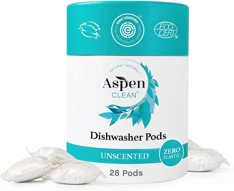 AspenClean | Unscented Dishwasher Pods | Cuts Grease and Grime | Zero Plastic | Non – Toxic | 100% Natural Dishwasher Detergent | EWG Verified – 28 Count