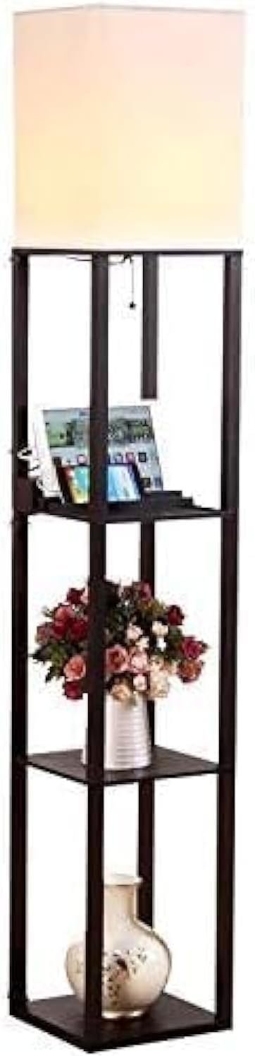Brightech Maxwell Charger – Modern Shelf Floor Lamp with USB Charging Ports & Electric Outlet – Corner Display Floor Lamps with Shelves for Living Room, Bedroom and Office – Havana Brown