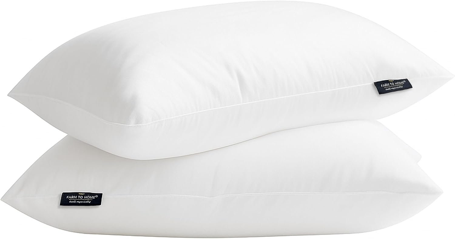 Farm To Home 100% Organic Cotton Cover Pillows Queen/Standard Size Set of 2, Down Alternative Hotel Quality Soft Bed Pillow for Back & Side Sleepers, Machine Washable, 20″x28″, White