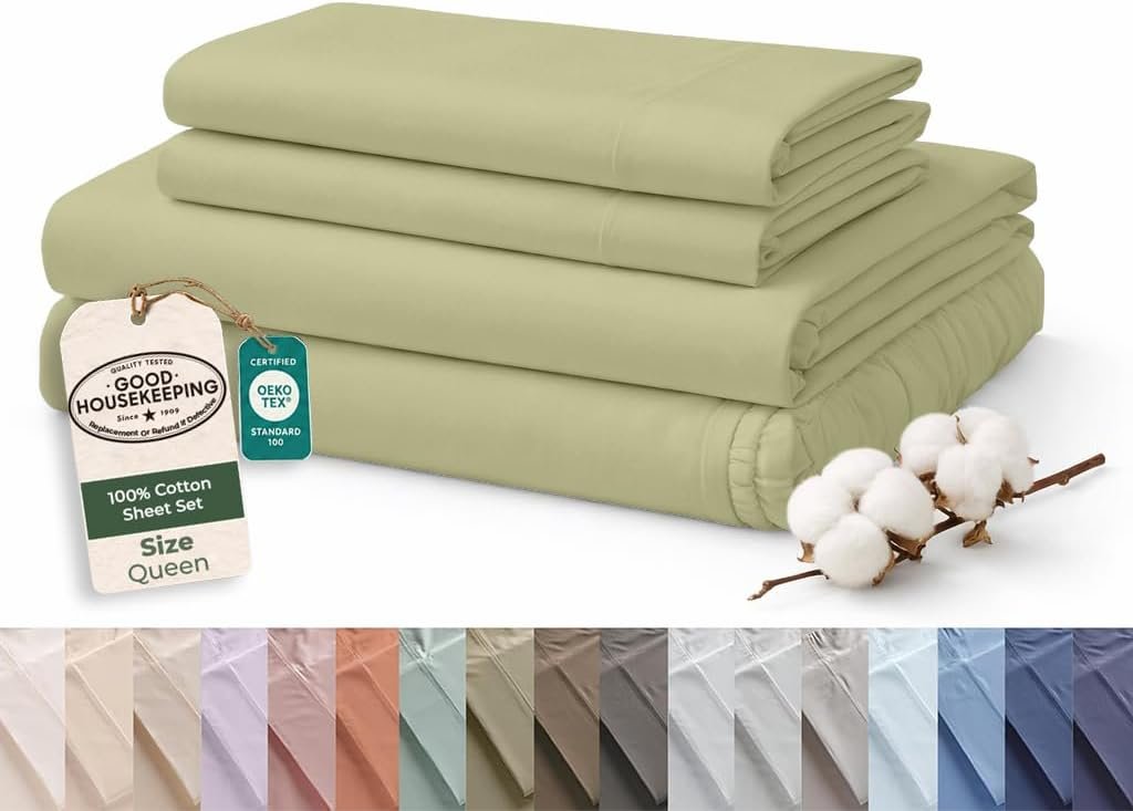 ROYALE LINENS 100% Organic Cotton Queen Sheet Set – 16″ Deep Pocket Bed Sheets – Sage Green Bed Sheets – Sábanas Queen – 1 Flat, 1 Fitted & 2 Pillowcases – Sage Green Sheet Set – Cotton Bedding Sets
