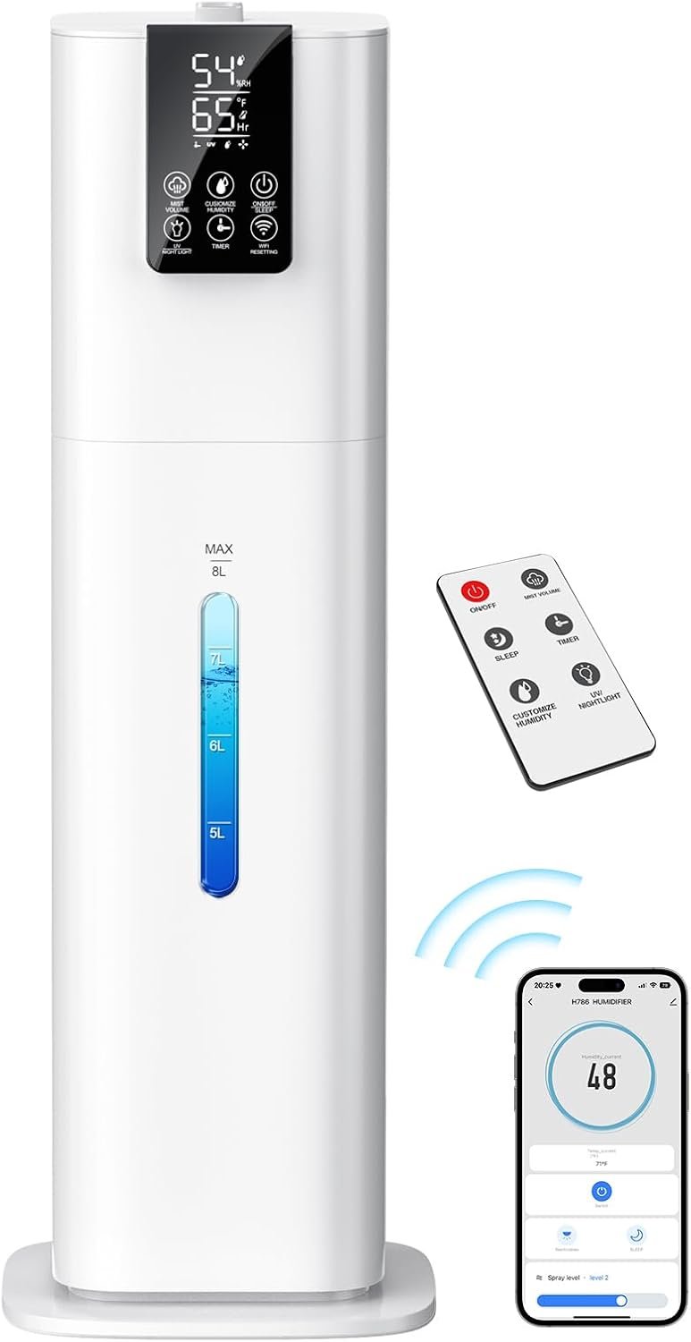 Smart Humidifiers Large Room Bedroom Home,2.11Gal(8L) Quiet Top Fill Cool Mist Humidifier,Smart App & Remote Control, 3 Speed Humidifier with 360°Nozzle,Humidity Setting for Baby Office Plant(White)