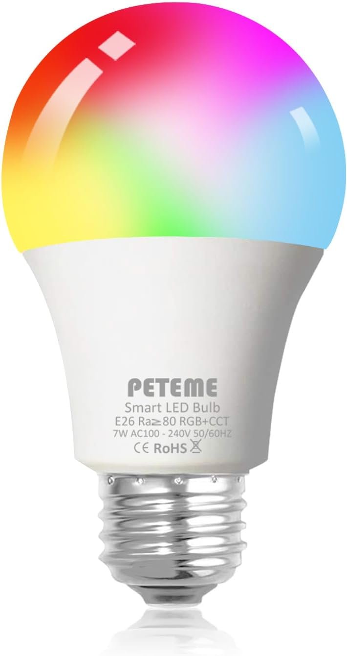 Peteme Smart WiFi Light Bulbs, Led RGB Color Changing Bulbs Compatible with Alexa, Siri,Echo, Google Home, A19 E26 60W Smart Bulbs 1 Pack