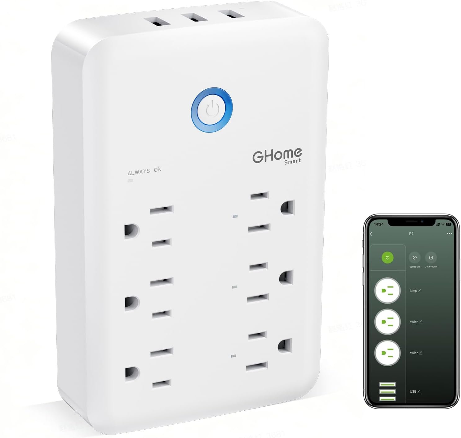 GHome Smart Plug Outlet Extender, USB Wall Charger with 3 Individual Smart Outlets and 3 Smart USB Ports, Works with Alexa Google Home, Surge Protector Plug Extender for APP Control,15A/1800W
